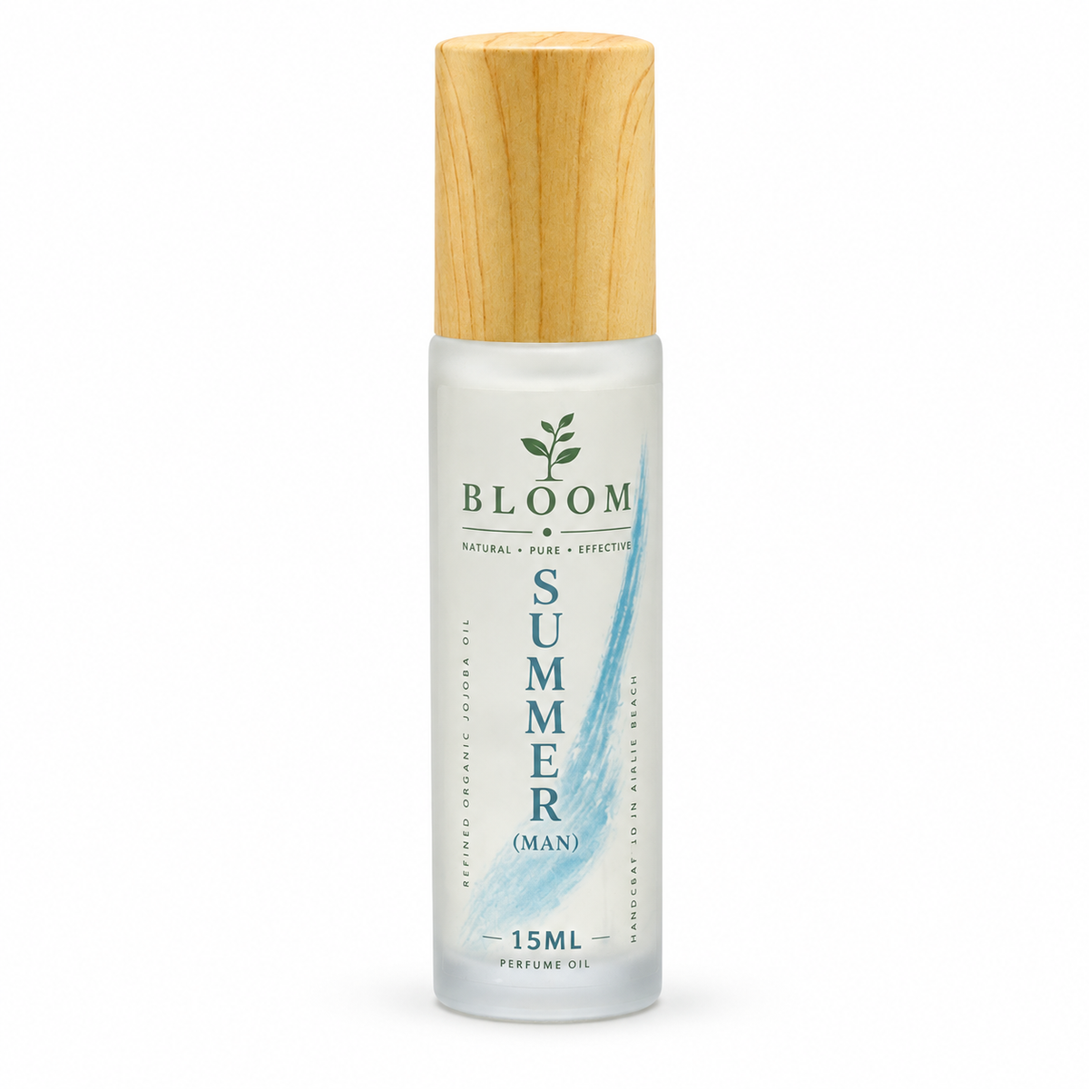 Summer perfume oil 15 mL roll-on with wooden cap on a white background