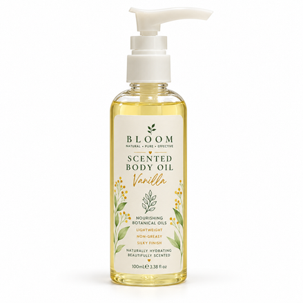 Vanilla Botanical Body Oil 100 mL in a clear bottle with white pump on a white background