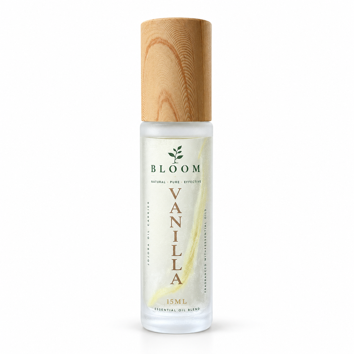 Vanilla perfume oil 15 mL roll-on in a frosted glass bottle with wooden cap on a white background