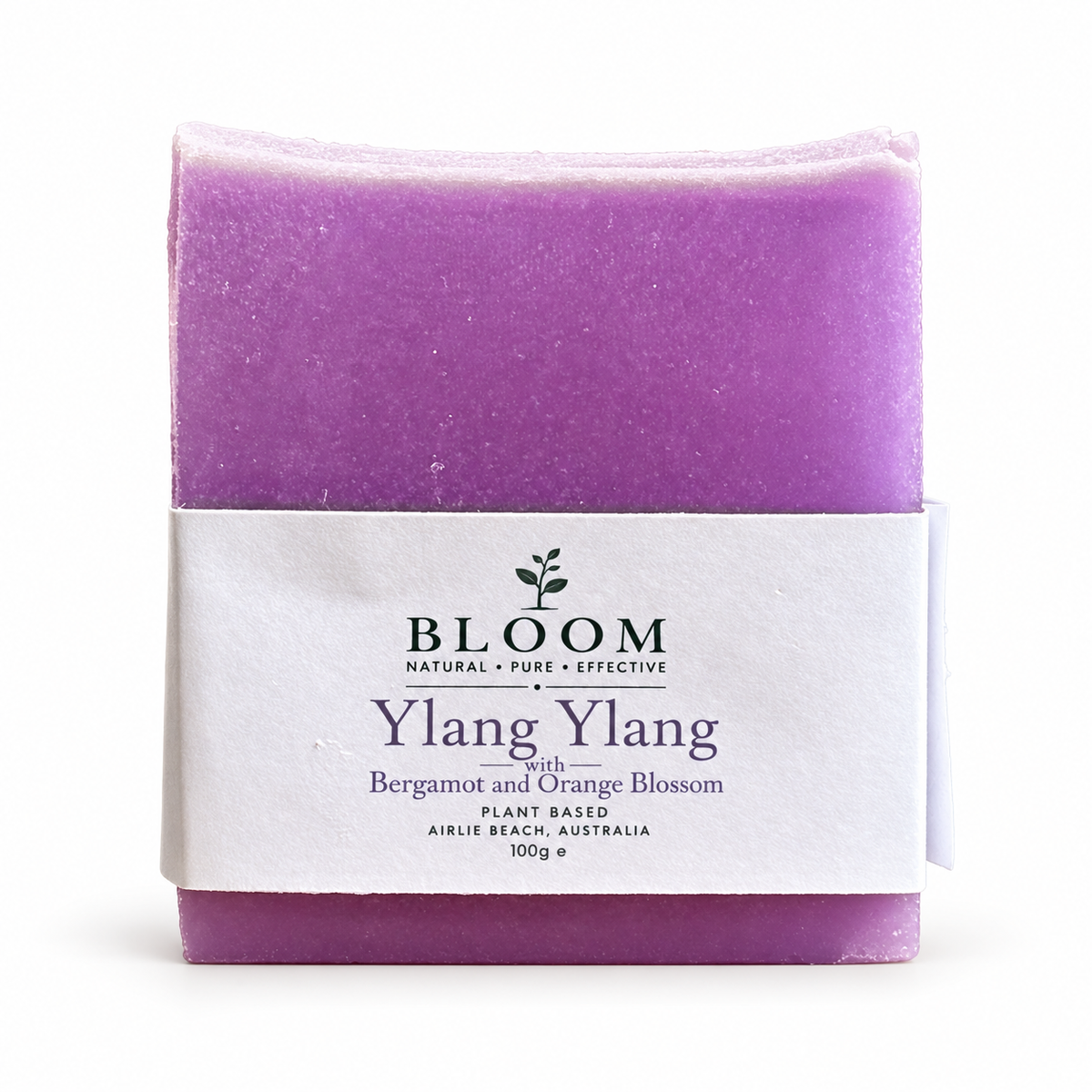 Ylang Ylang, Bergamot + Orange Blossom soap bar in Bloom Organics packaging on a white background