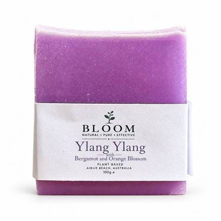 Ylang Ylang, Bergamot + Orange Blossom soap bar in Bloom Organics packaging on a white background